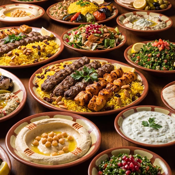 A large wooden table laden with various Middle Eastern dishes, including kebabs, rice, hummus, and salads.