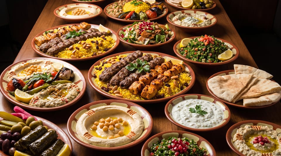 A large wooden table laden with various Middle Eastern dishes, including kebabs, rice, hummus, and salads.