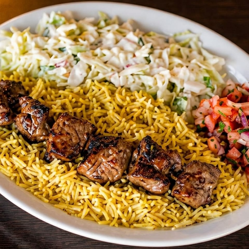 Grilled meat skewers on yellow rice with coleslaw and tomato salsa on a white plate.