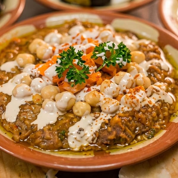A close-up of a bowl of ful medames topped with chickpeas, tahini, and parsley.
