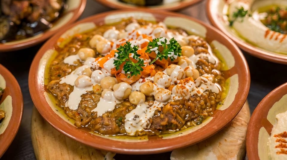 A close-up of a bowl of ful medames topped with chickpeas, tahini, and parsley.