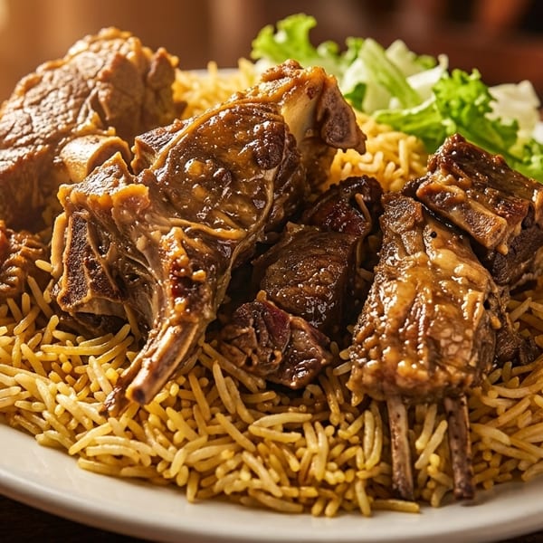 Platter of succulent lamb chops on a bed of golden rice, garnished with fresh lettuce and cucumber.