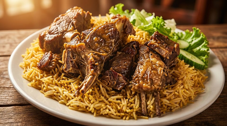 Platter of succulent lamb chops on a bed of golden rice, garnished with fresh lettuce and cucumber.