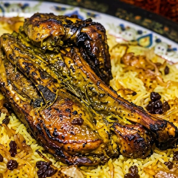 Grilled chicken pieces with herbs on a bed of yellow rice and raisins, served on a decorative plate.
