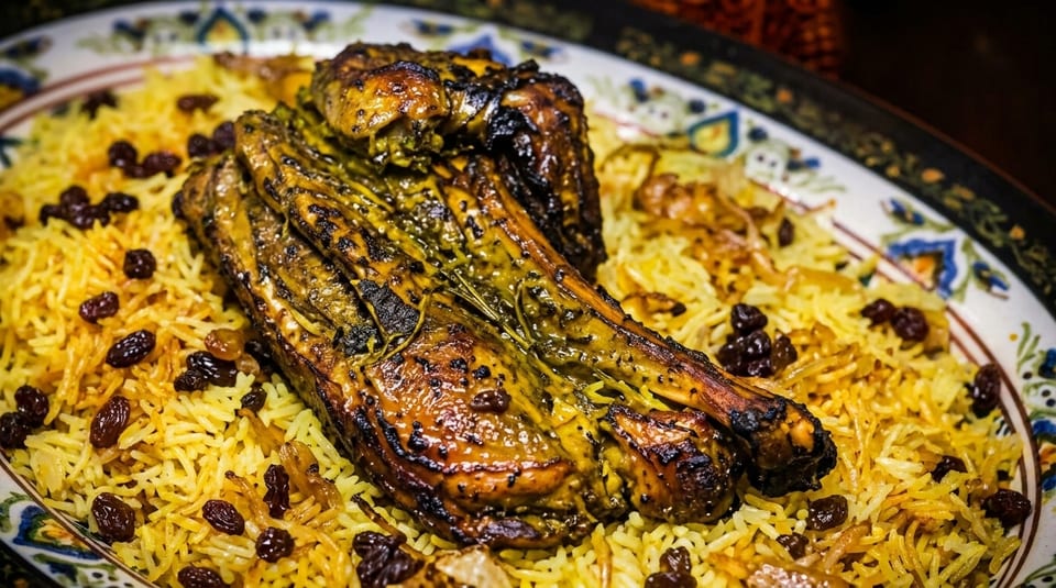 Grilled chicken pieces with herbs on a bed of yellow rice and raisins, served on a decorative plate.