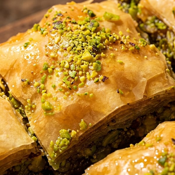 Close-up of golden, flaky baklava squares topped with chopped green pistachios and glistening syrup.