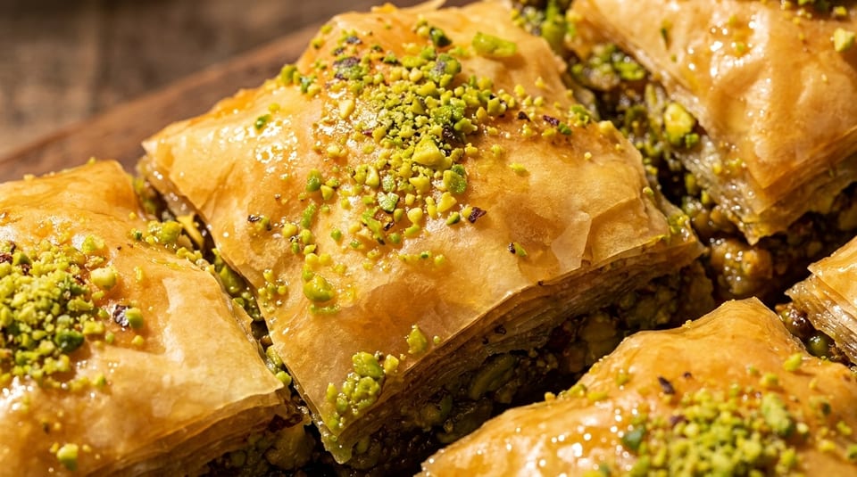 Close-up of golden, flaky baklava squares topped with chopped green pistachios and glistening syrup.